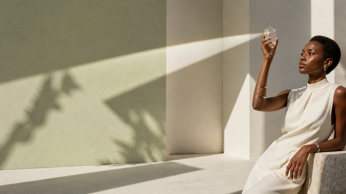 Fashion editorial portrait studying light through a clear glass prism