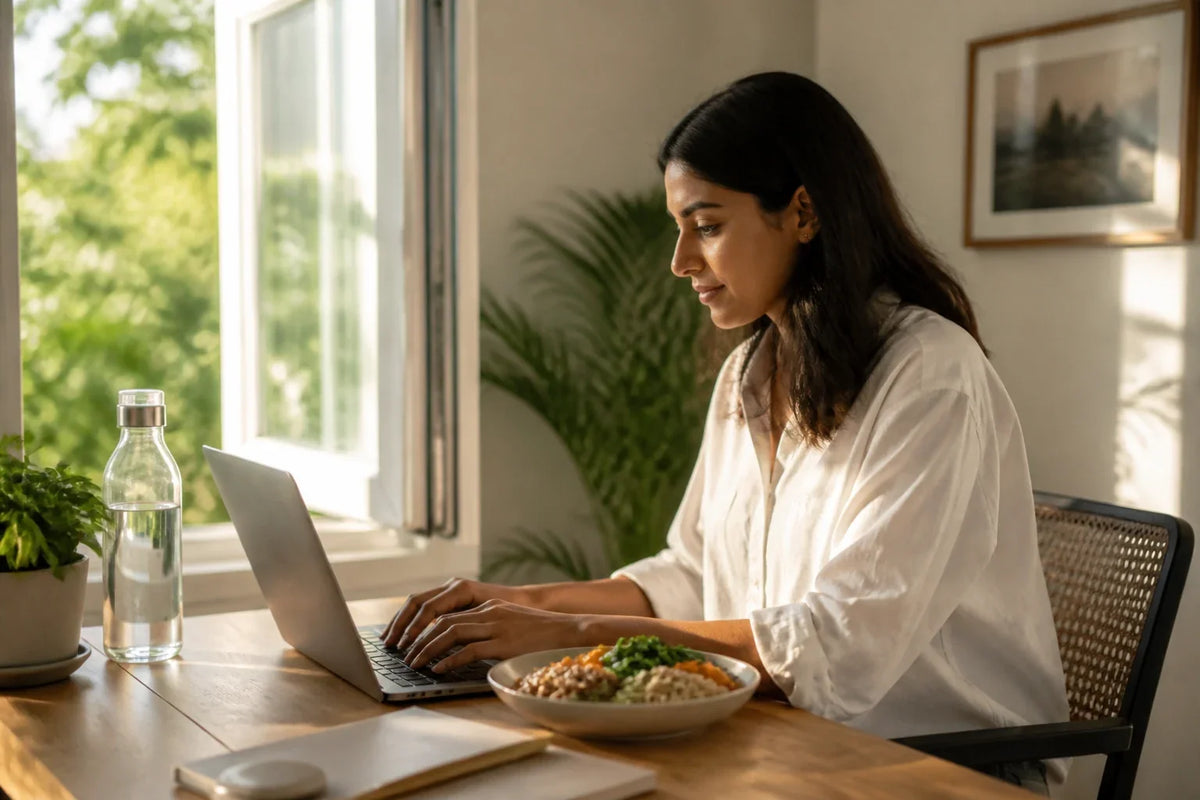 Person working beside water, balanced lunch and morning daylight without coffee