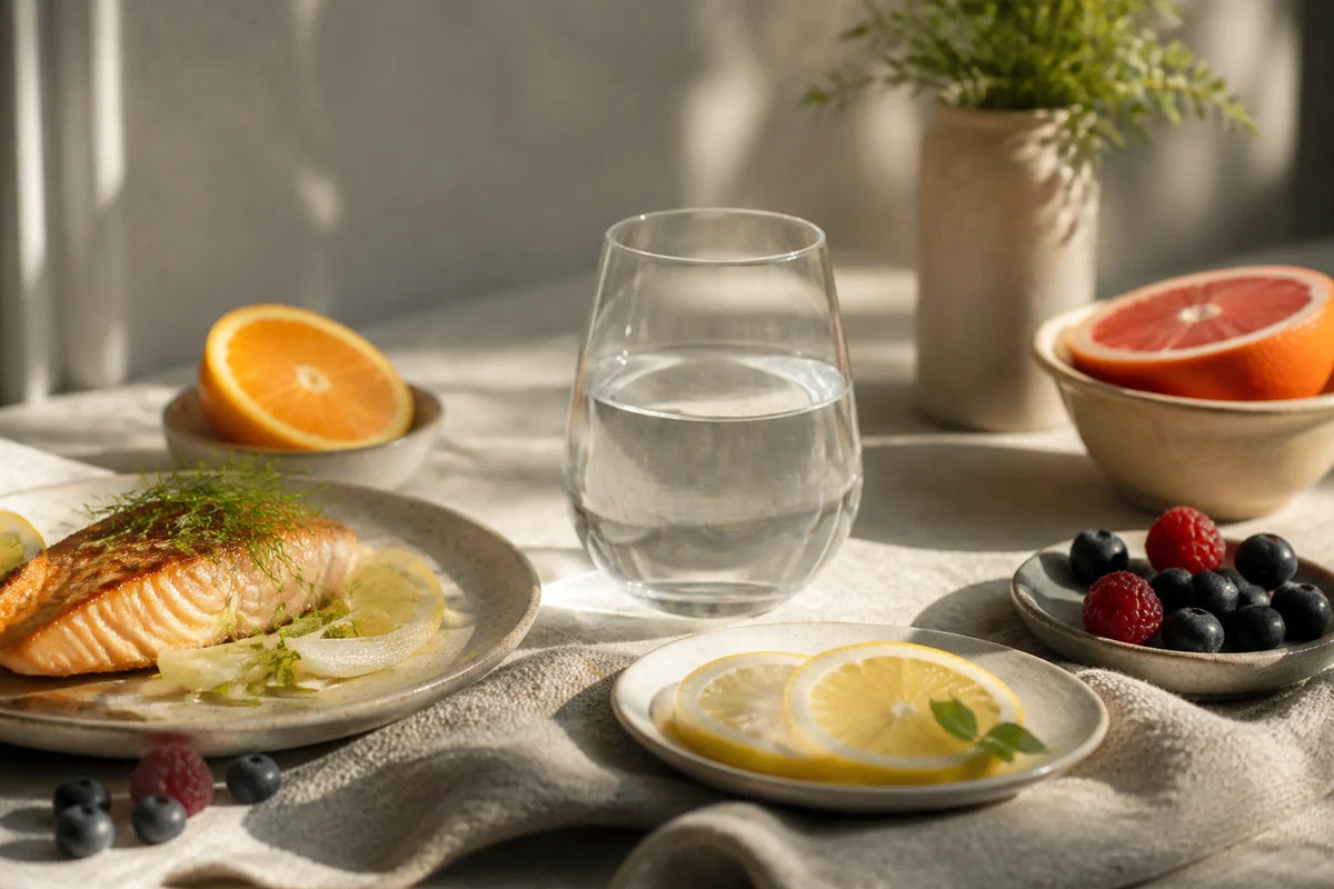 Glass of water, citrus and fish dish in a refined skin hydration editorial scene