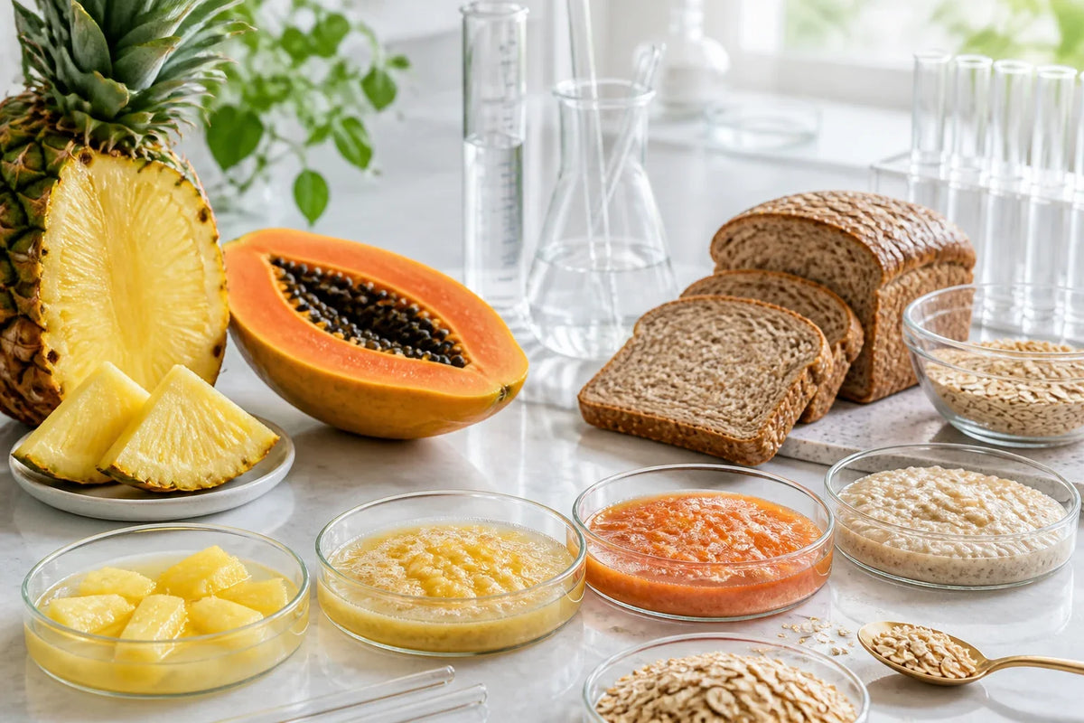 Pineapple, papaya and grains arranged in a food science enzyme activity scene