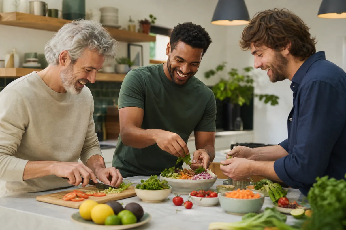 Men of different ages preparing colourful balanced meals together in a kitchen