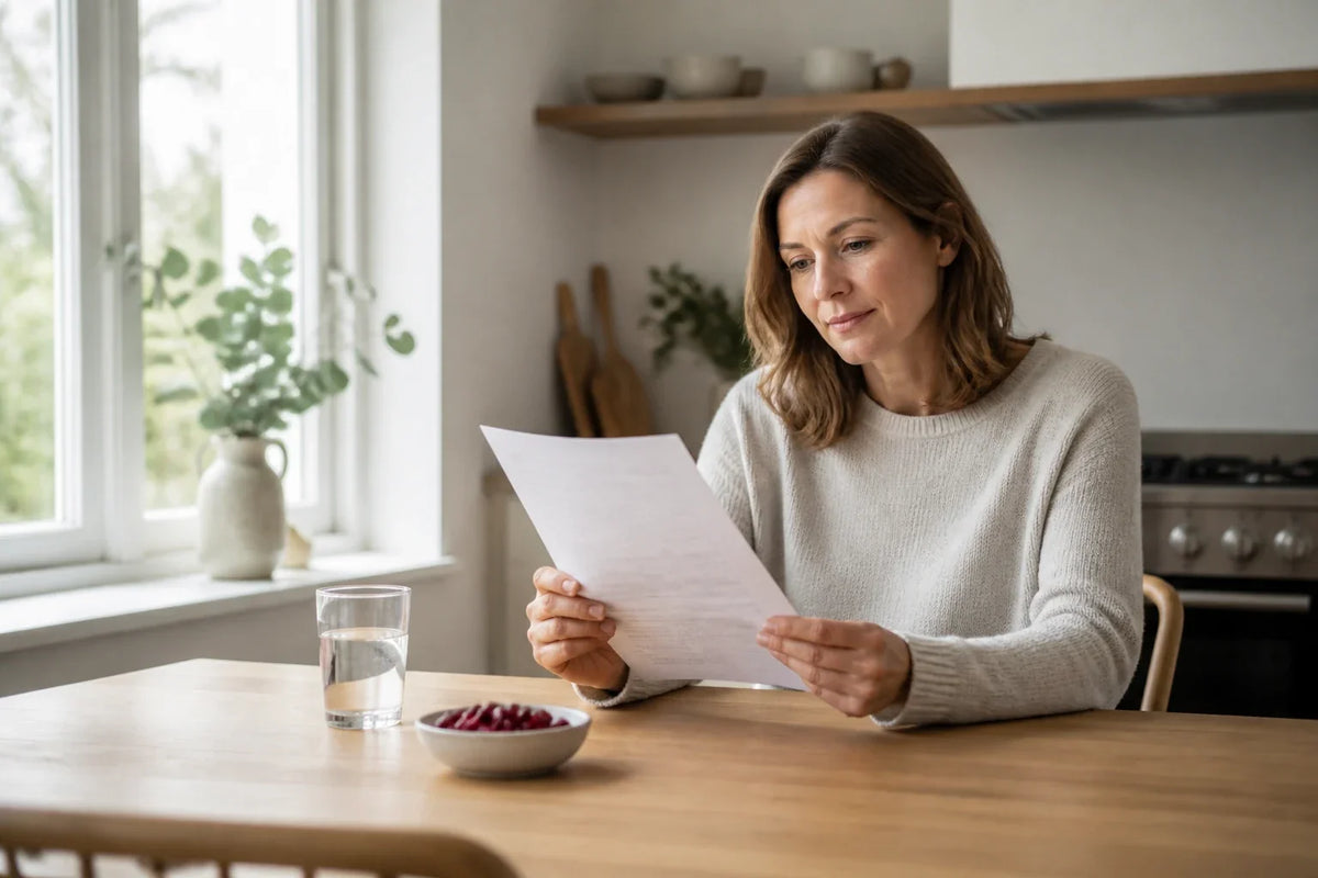 Woman reading a research paper beside a glass of water and cranberries at a kitchen table