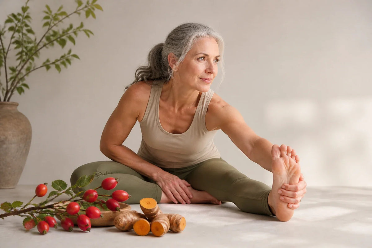Rosehips, turmeric root and joint-friendly movement scene arranged on a studio floor