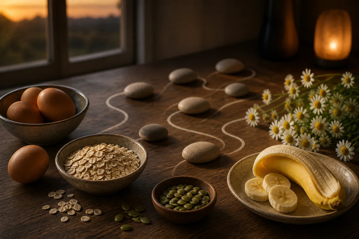 Evening meal ingredients and a pathway sketch arranged on a calm kitchen table