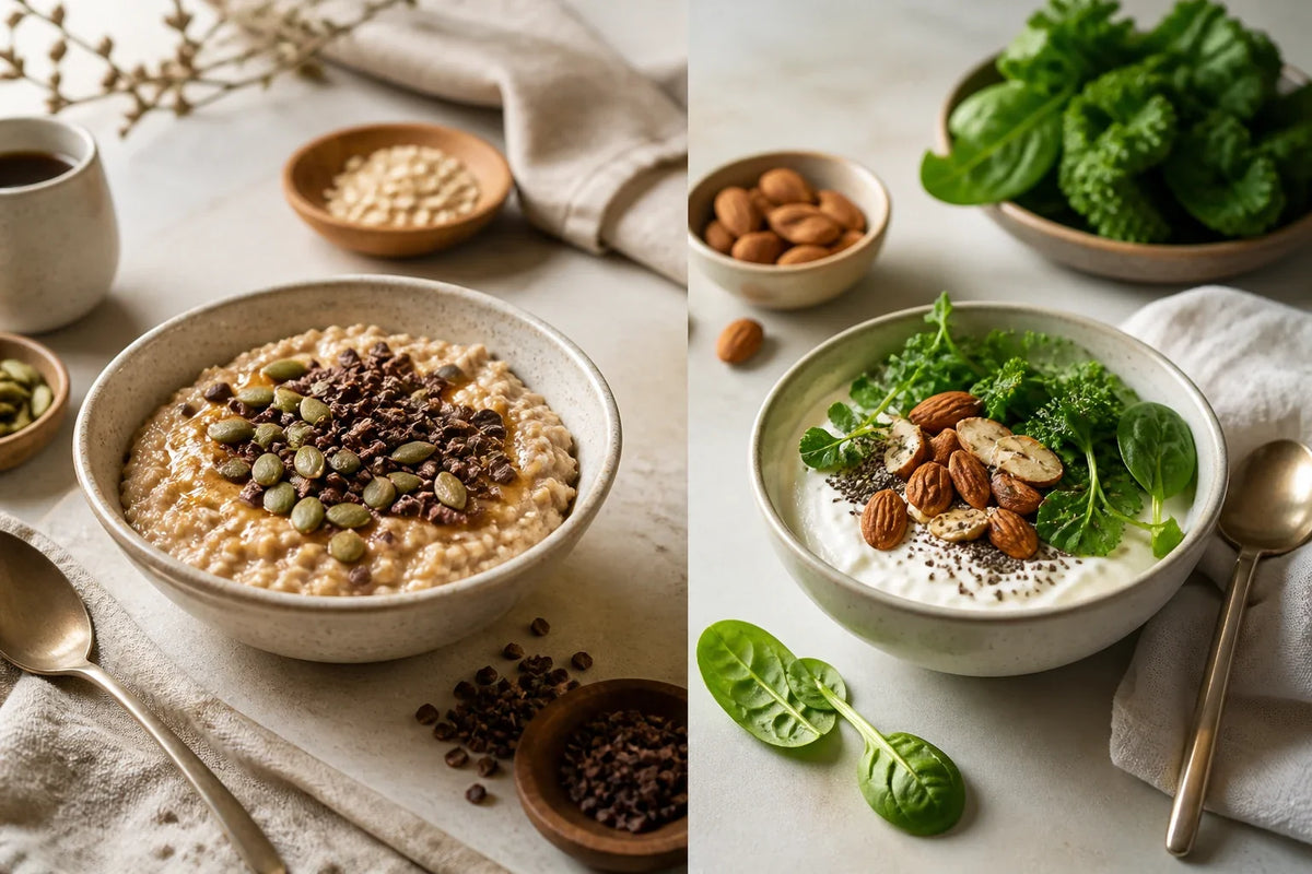 Two mineral-rich breakfast bowls arranged for a magnesium form comparison