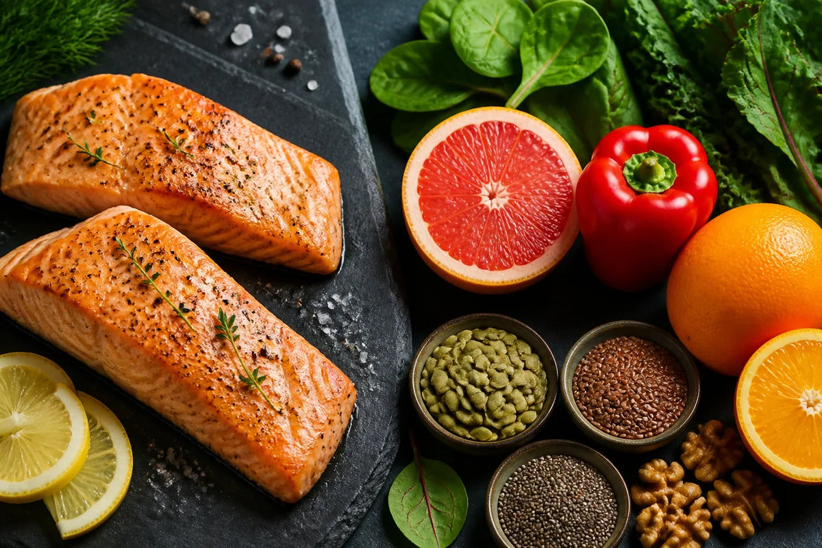 Salmon, citrus fruit, seeds and leafy greens arranged as a collagen choice comparison