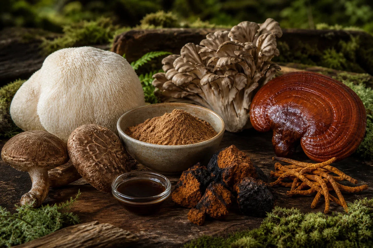 Six culinary mushrooms and dried lion's mane arranged for a powder versus extract comparison
