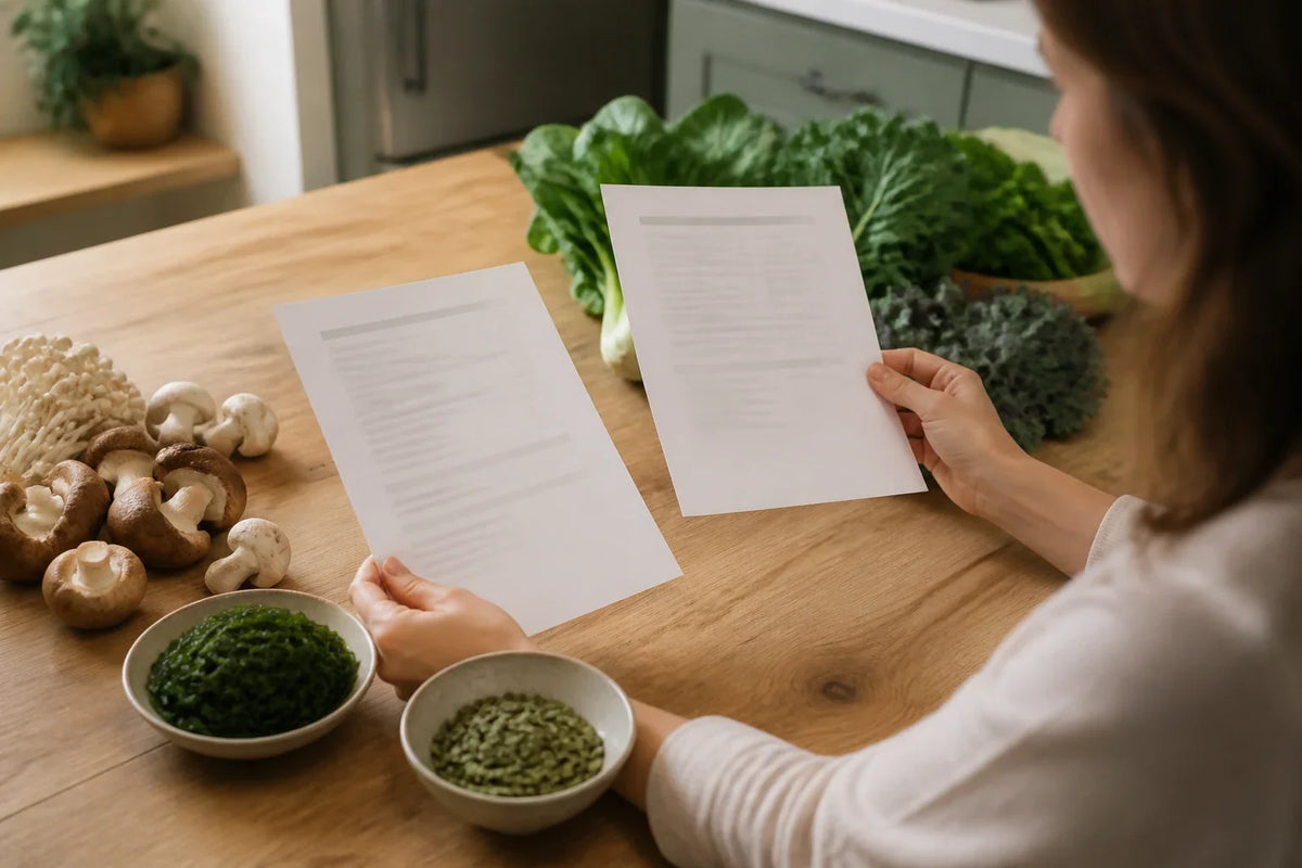 Shopper comparing supplement ingredient lists beside plant foods on a wooden table