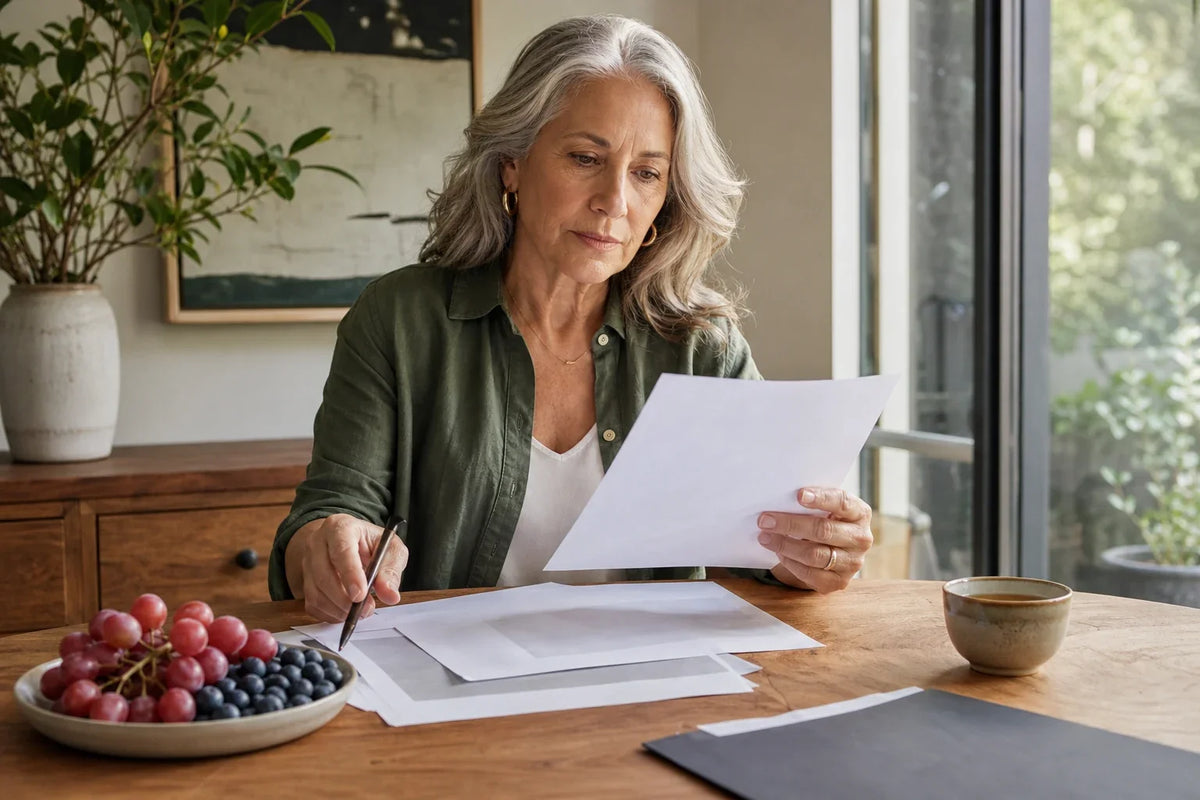 Older adult reviewing research beside red grapes and berries at a sunlit table