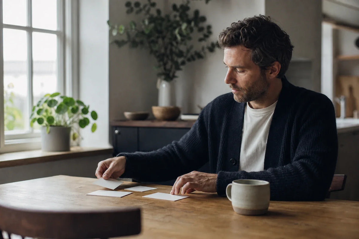 Man arranging blank index cards beside a mug at a kitchen table before work