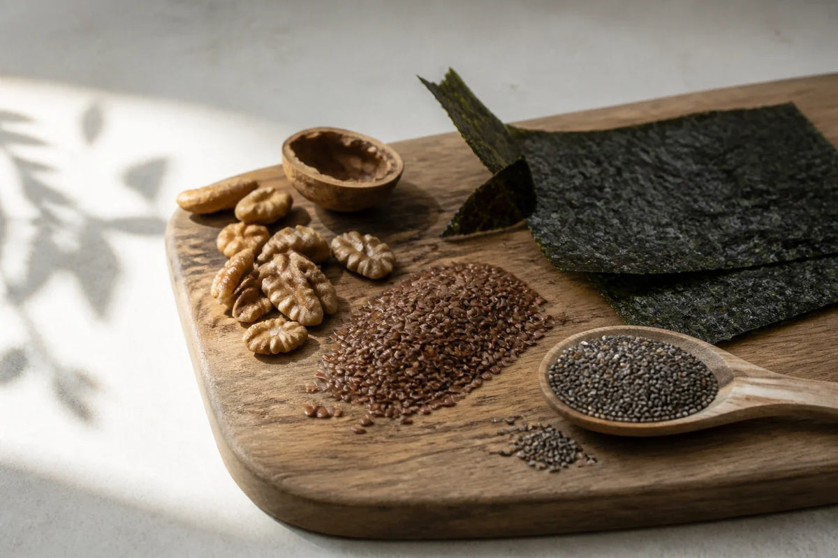 Walnuts, flaxseed, chia seeds and nori arranged on a wooden board