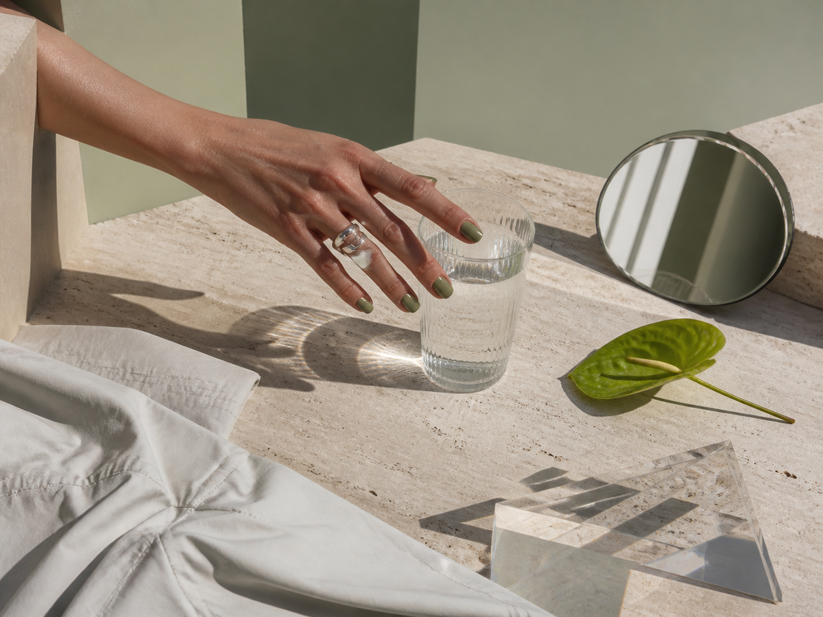 Editorial daily ritual still life with a hand, water glass and sage accents