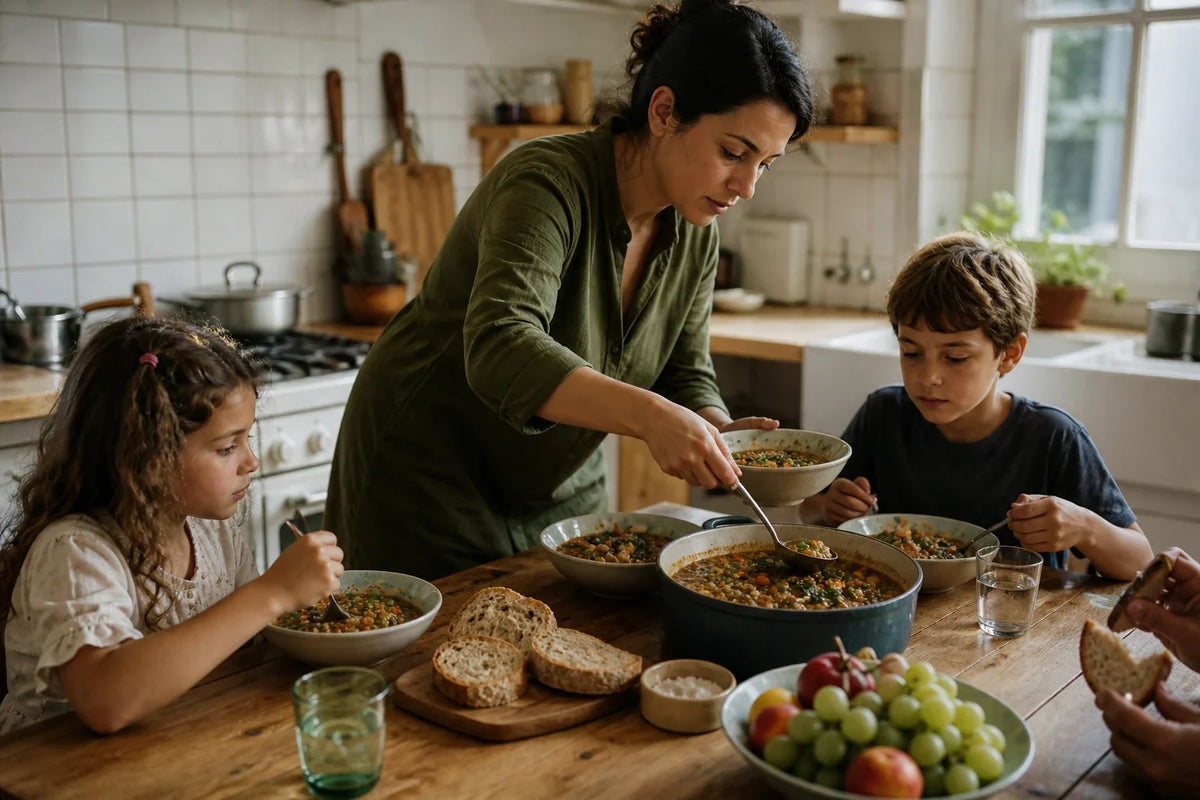 Parent serving lentil and vegetable stew to two children at a family kitchen table
