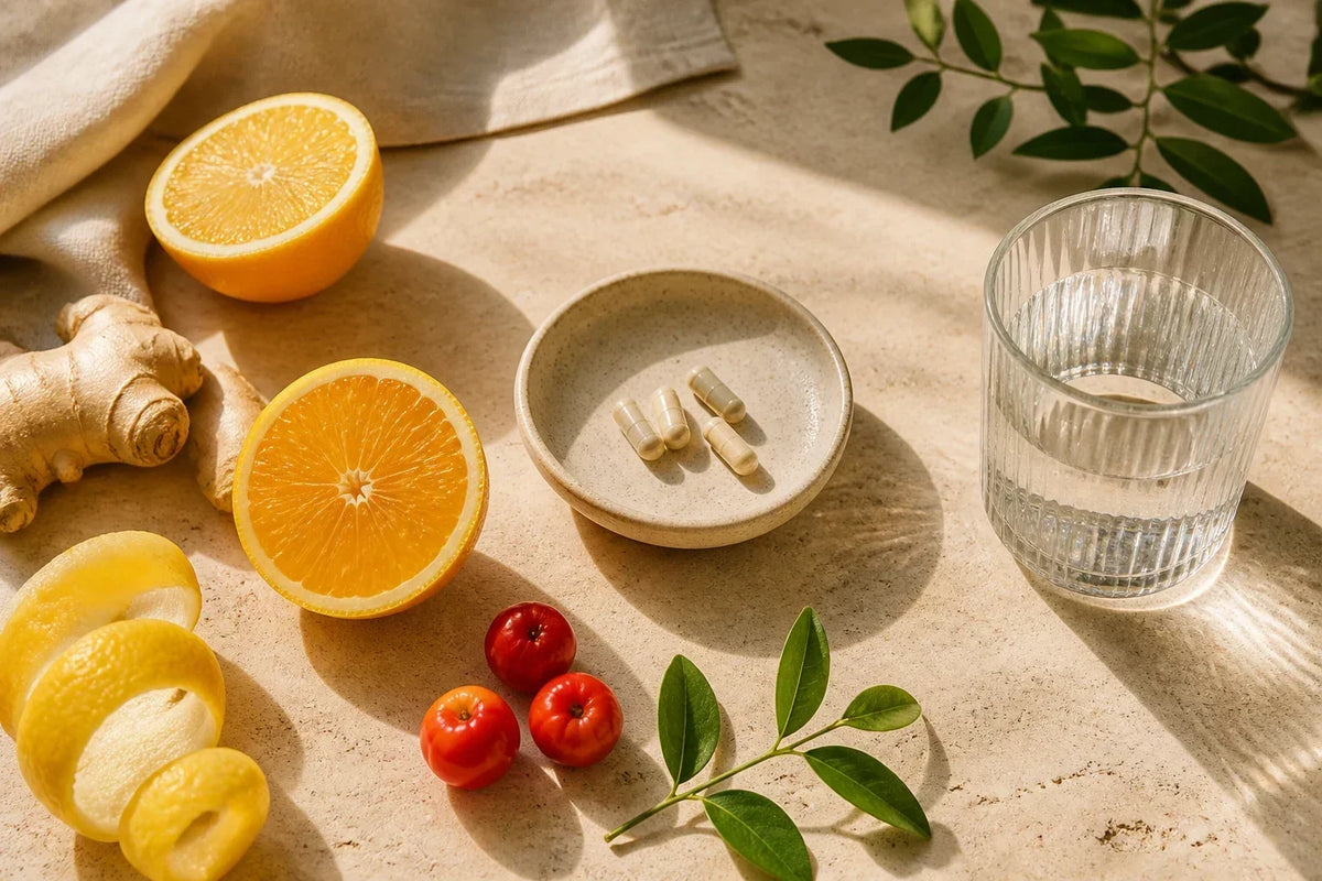 Acerola cherries, citrus, pumpkin seeds and a spoon of honey on a kitchen table