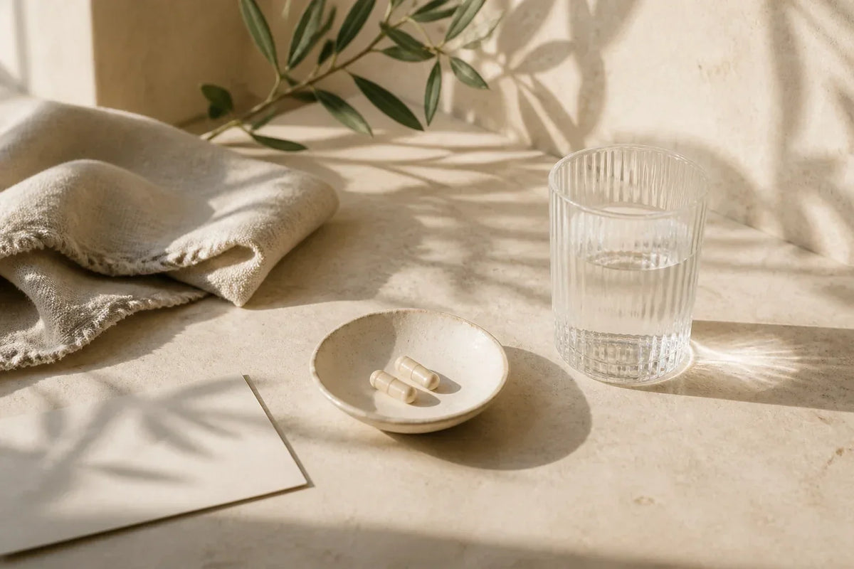 Morning sunlight across a breakfast table with eggs, greens and a glass of water