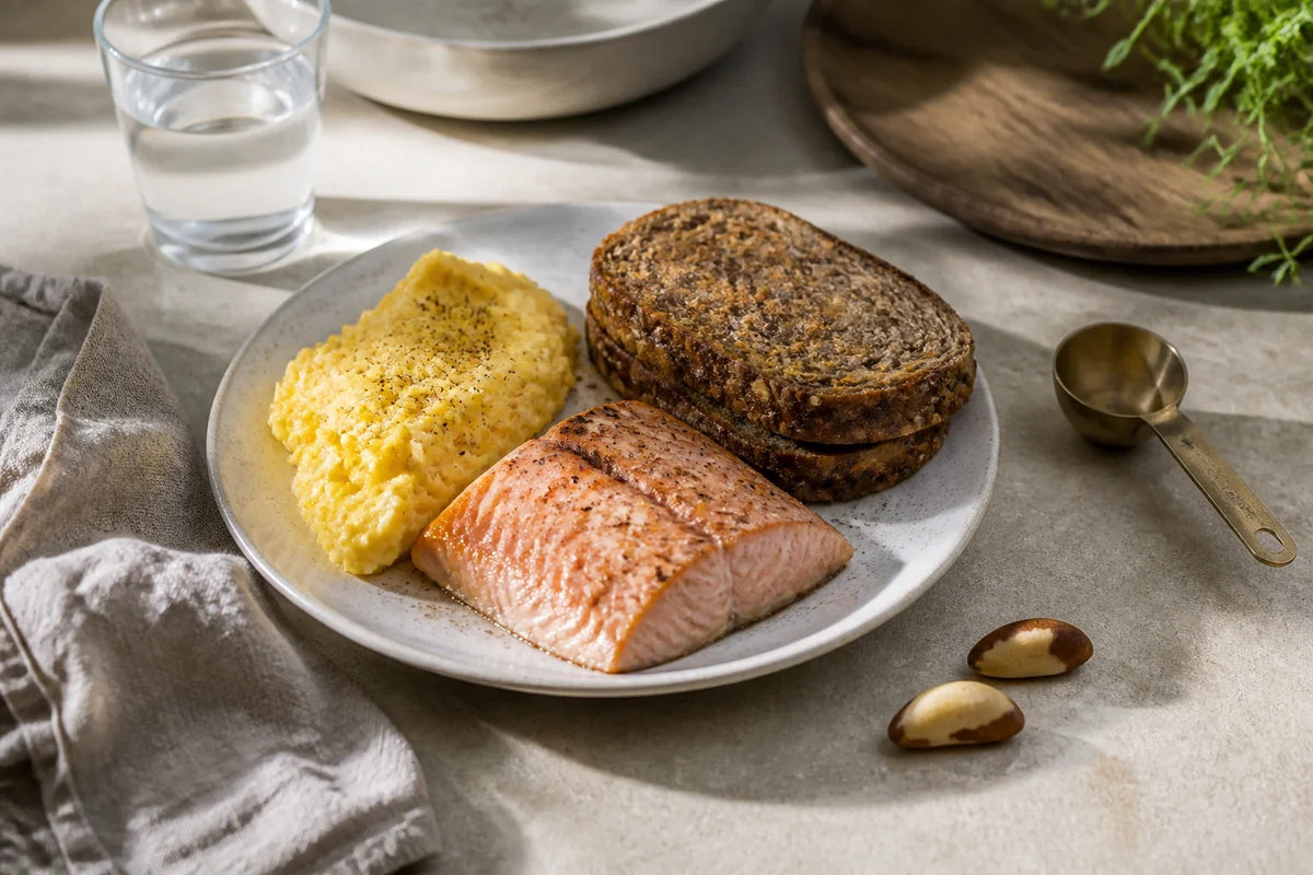 Eggs, fish, wholegrains and Brazil nuts arranged for a selenium intake comparison