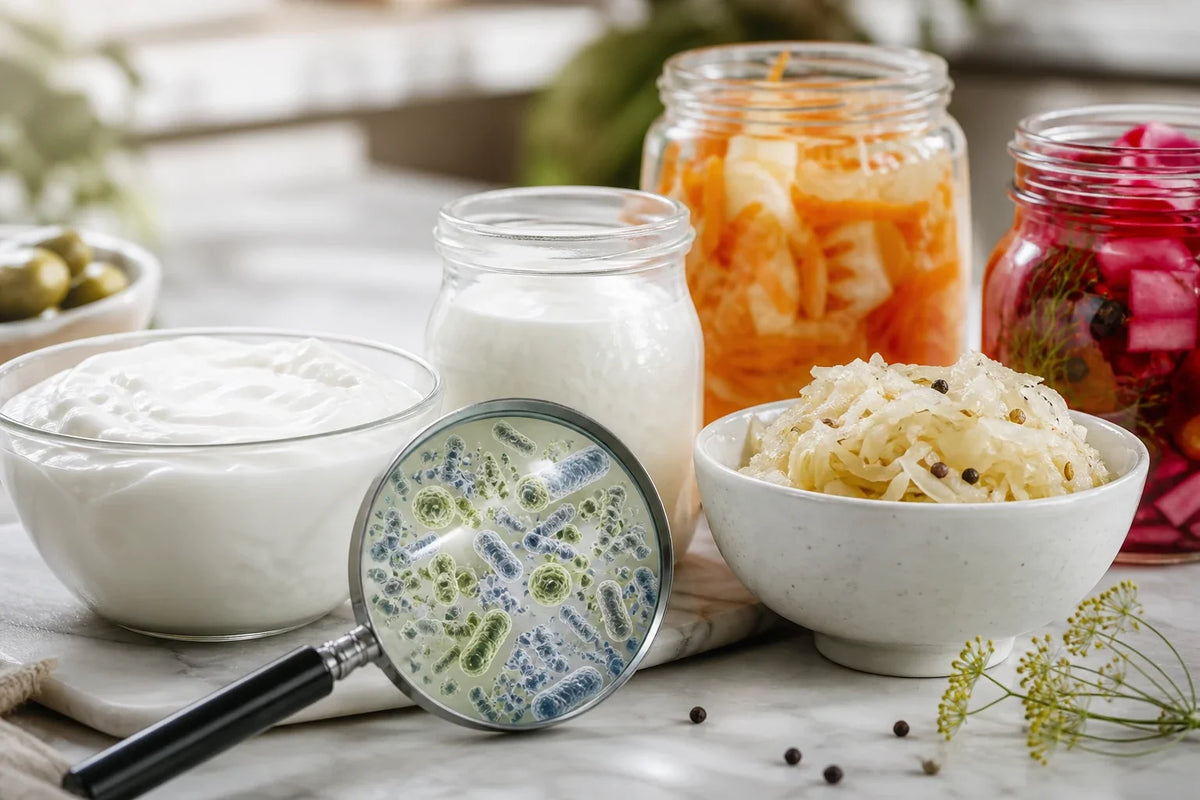 Fermented foods and a magnifying glass arranged as a live culture comparison scene