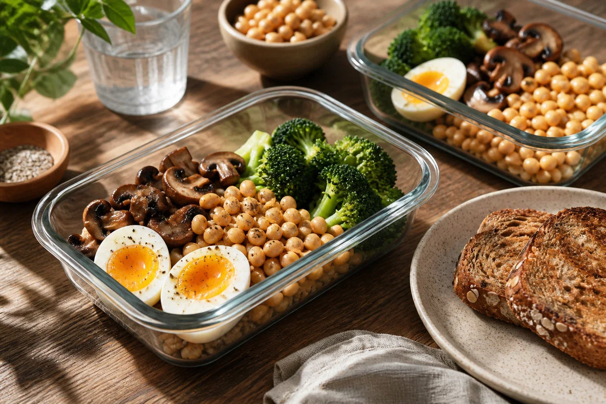 Eggs, soya beans, broccoli and mushrooms arranged as choline food sources