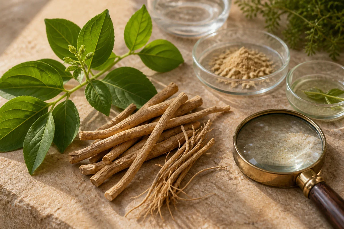 Ashwagandha roots and leaves arranged beside a careful ingredient comparison notebook