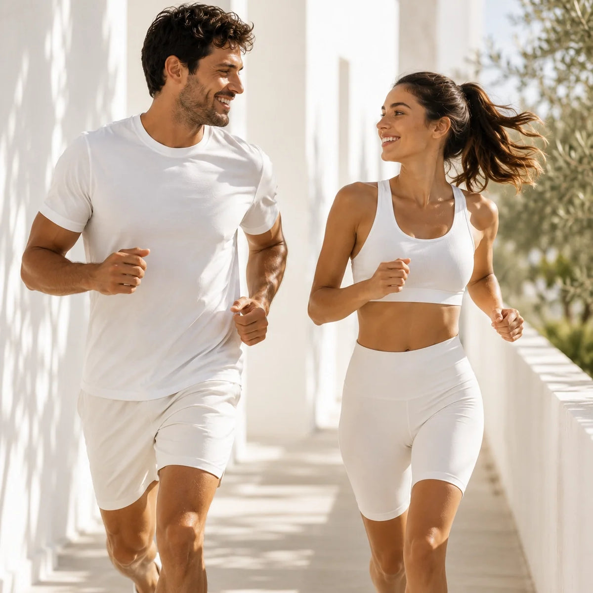 Two adults jogging in white activewear in bright natural light