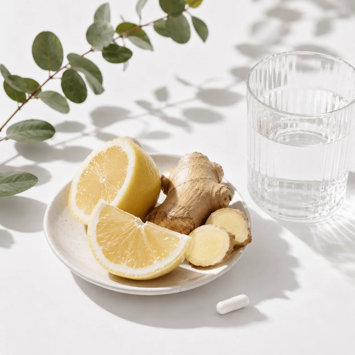 Lemon, ginger, water, botanicals and supplement capsule on a sunlit white surface