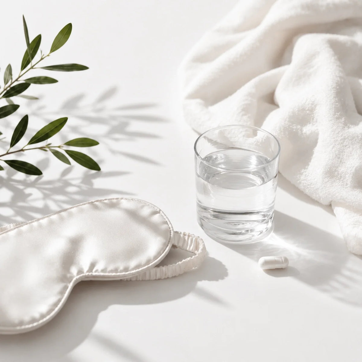 Sleep routine with eye mask, water, botanicals and supplement capsule in natural light