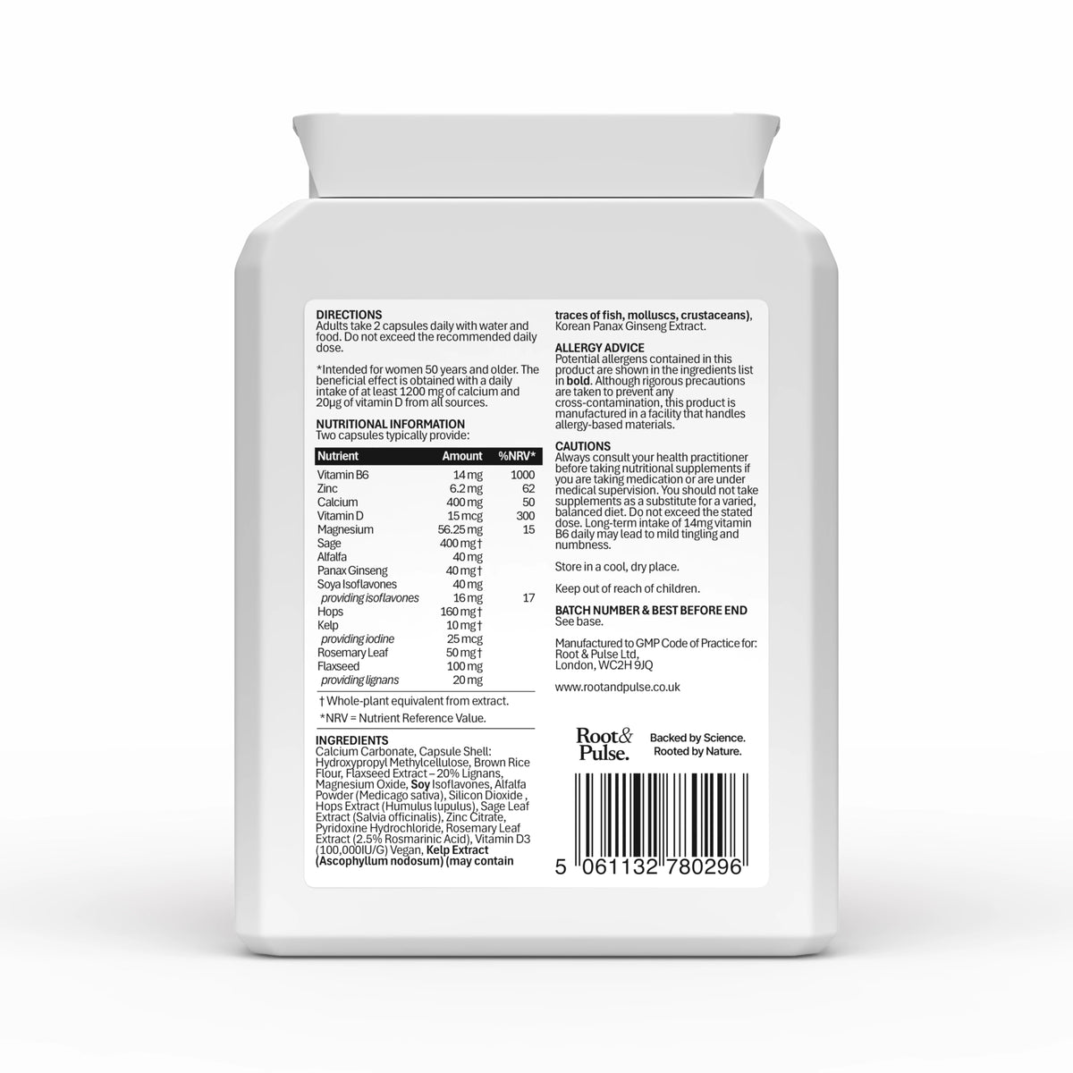 The back of a white plastic bottle of Root and Pulse Womens bone and hormone supplement, showing detailed text, nutrition facts, and a barcode on a clean white background.