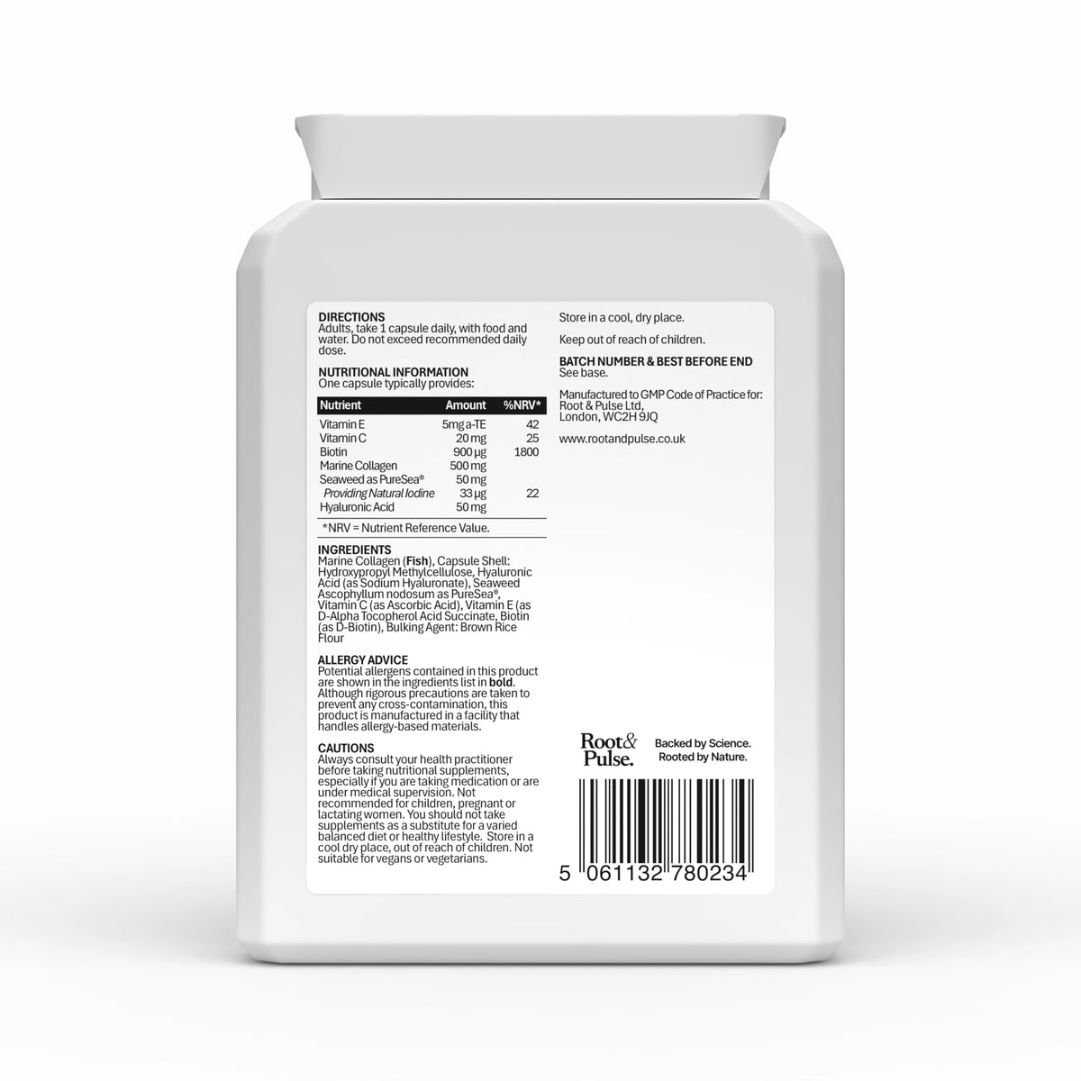 The back of a white plastic bottle of Root & Pulse Collagen Supplement, showing the detailed nutrition facts, ingredients, directions, and barcode on a clean white background.