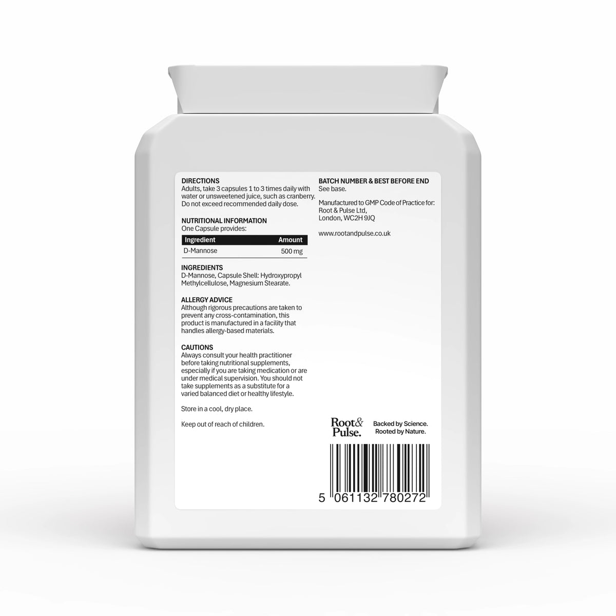 The back of a white plastic bottle of Root and Pulse D Mannose Womens Health and Digestion Support supplement, showing detailed text instructions, a nutrition facts panel, allergen advice, and a barcode on a clean white background.