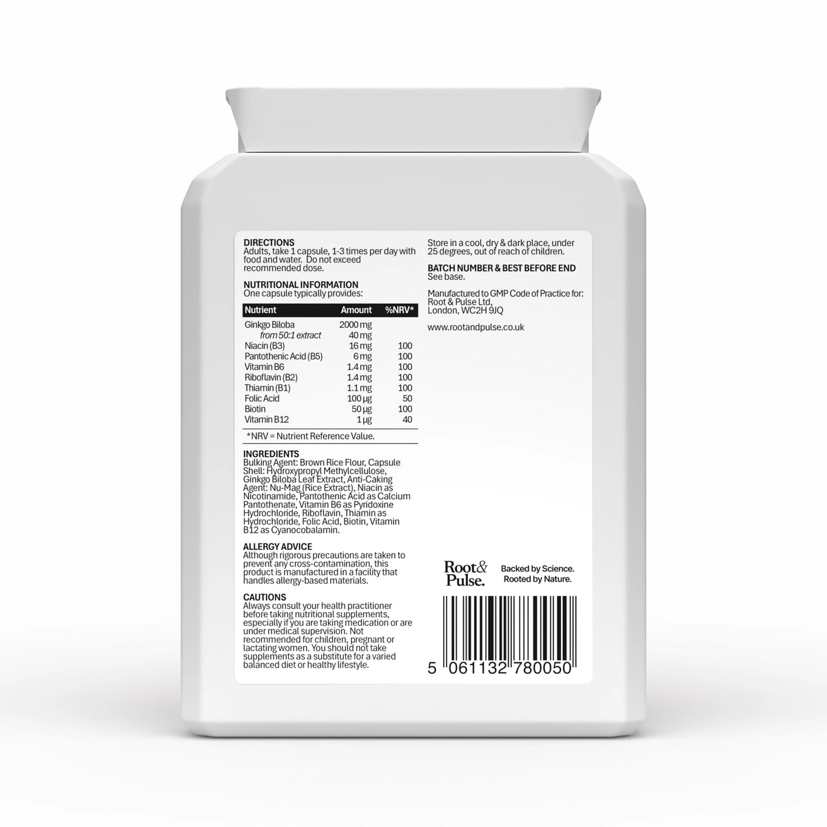 The back of a white plastic bottle of Root of Pulse dietary supplement, showing the detailed black text label including directions, nutrition information, ingredients, and a barcode.
