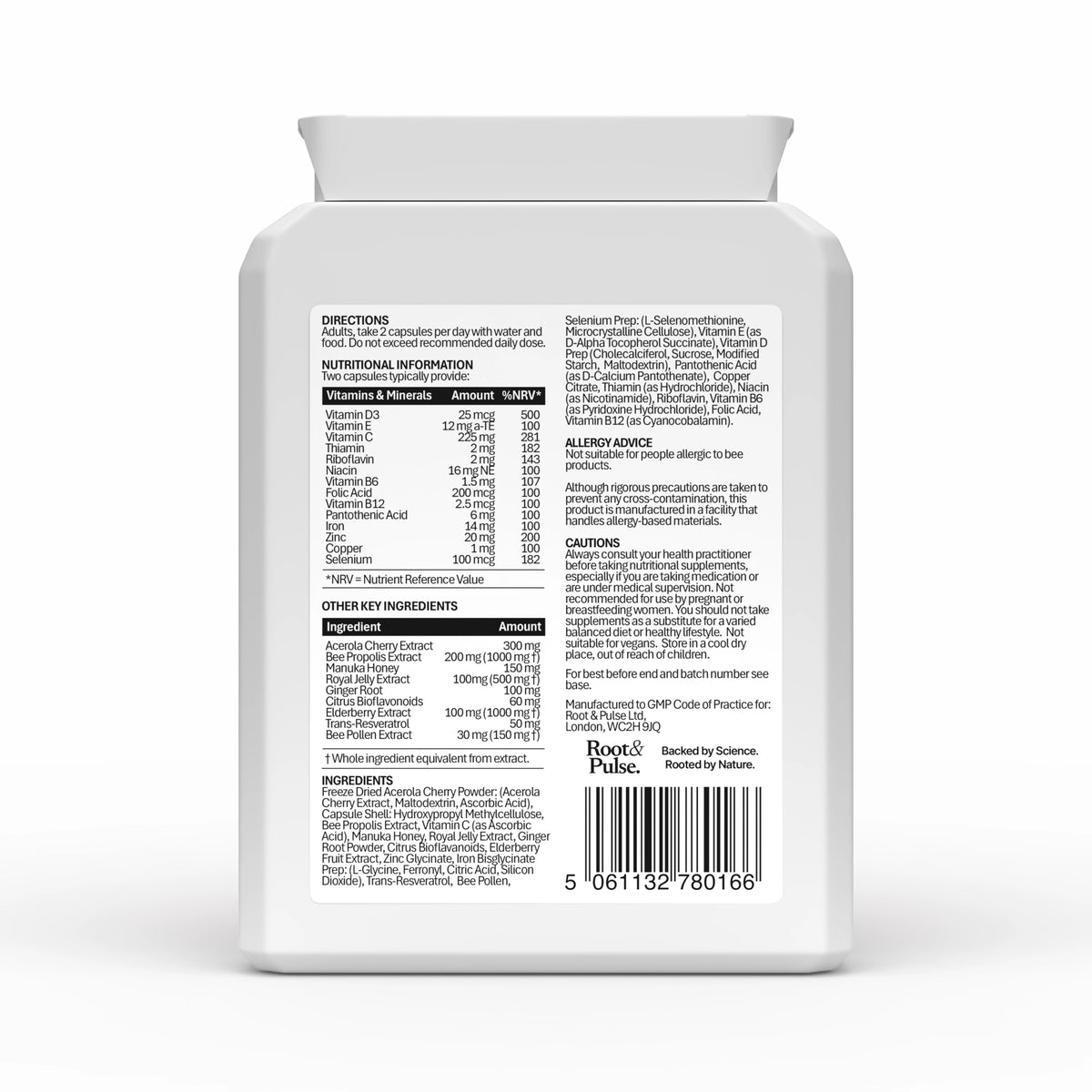 The back of a white plastic bottle of Root & Pulse Immnuity and Bee Pollen supplement showing detailed nutritional text labels, a nutrition facts panel, ingredients list, and a barcode on a clean white background.