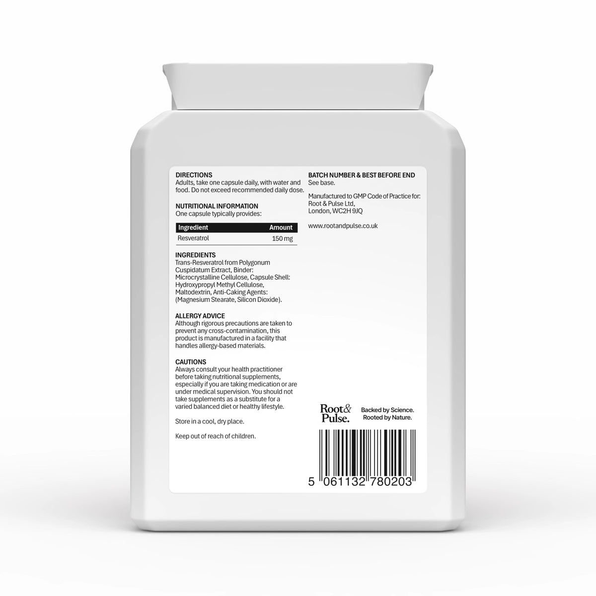 A white plastic bottle of Root & Pulse resveratrol dietary supplement shown from the back, featuring a detailed black text label with instructions, ingredients, warnings, and a barcode on a clean white background.