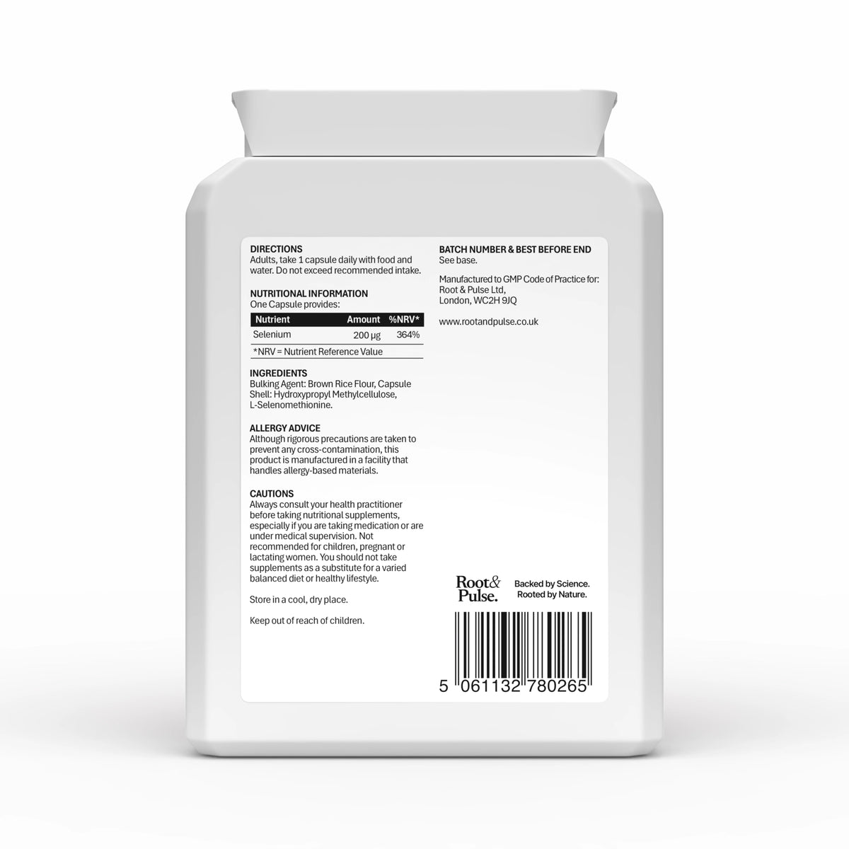 The back of a white plastic Root & Pulse Selenium supplement bottle with printed black text, a barcode, logo shown on a clean white background.