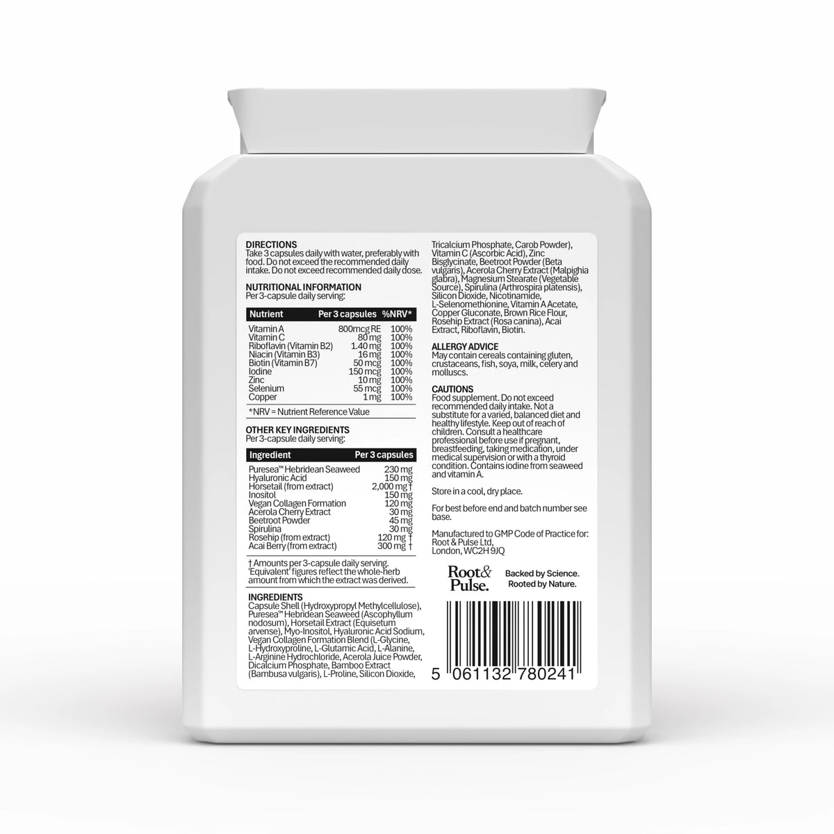 The back of a white plastic supplement bottle by Root & Pulse, showing the detailed product information label with text, a nutrition facts panel, ingredients list, warnings, and a barcode on a white background.