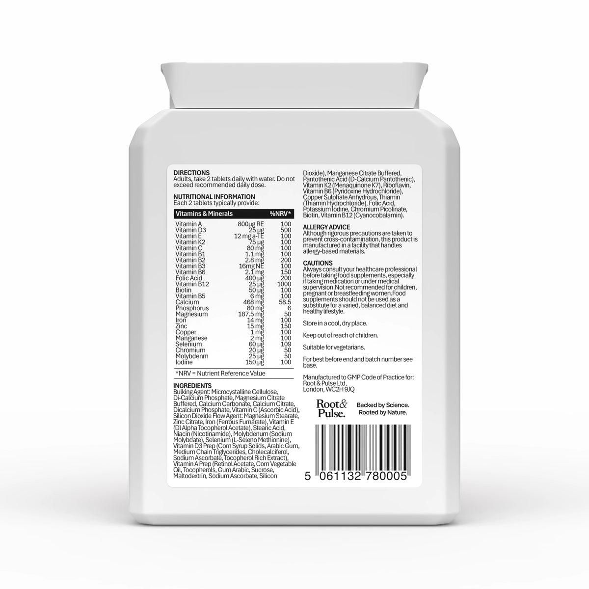 The back of a white plastic bottle with a printed supplement label, showing nutritional information, ingredients, directions, and a barcode on a light gray background.