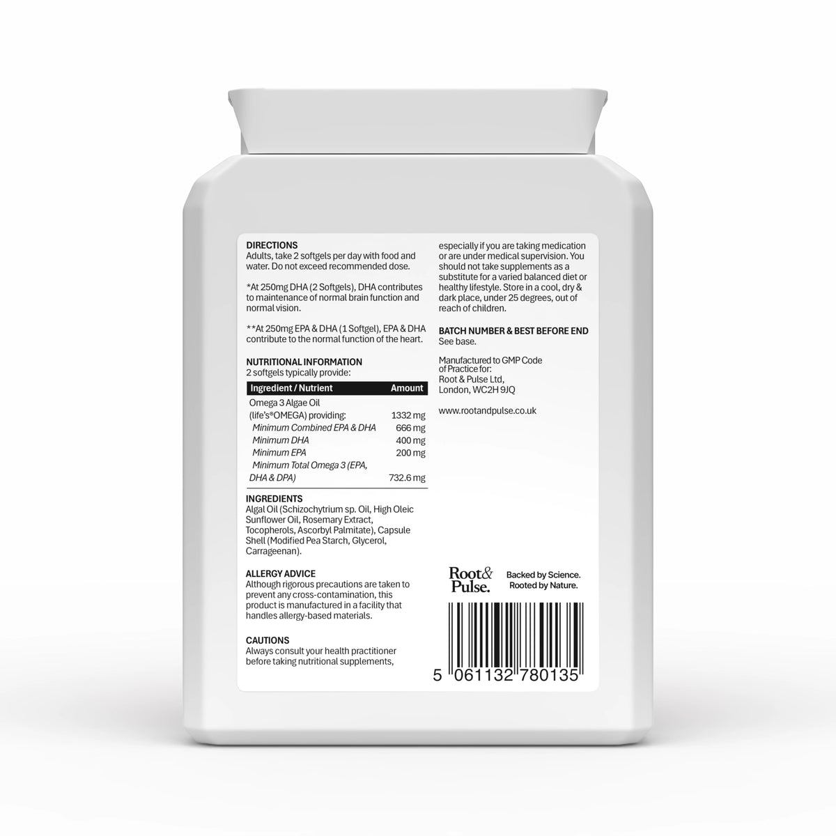 The back of a Root & Pulse Omega 3 Ingredients and nutritional information on a white plastic bottle with a matching white cap.