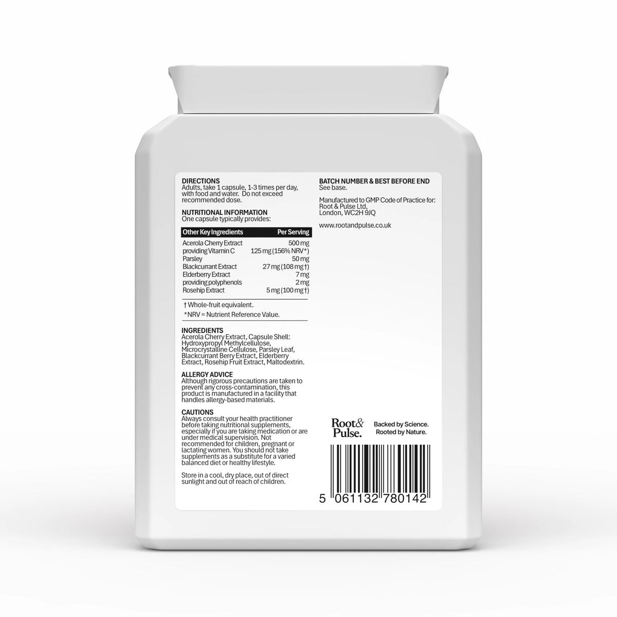 Rear nutritional information of Root & Pulse Vitamin C Acerola