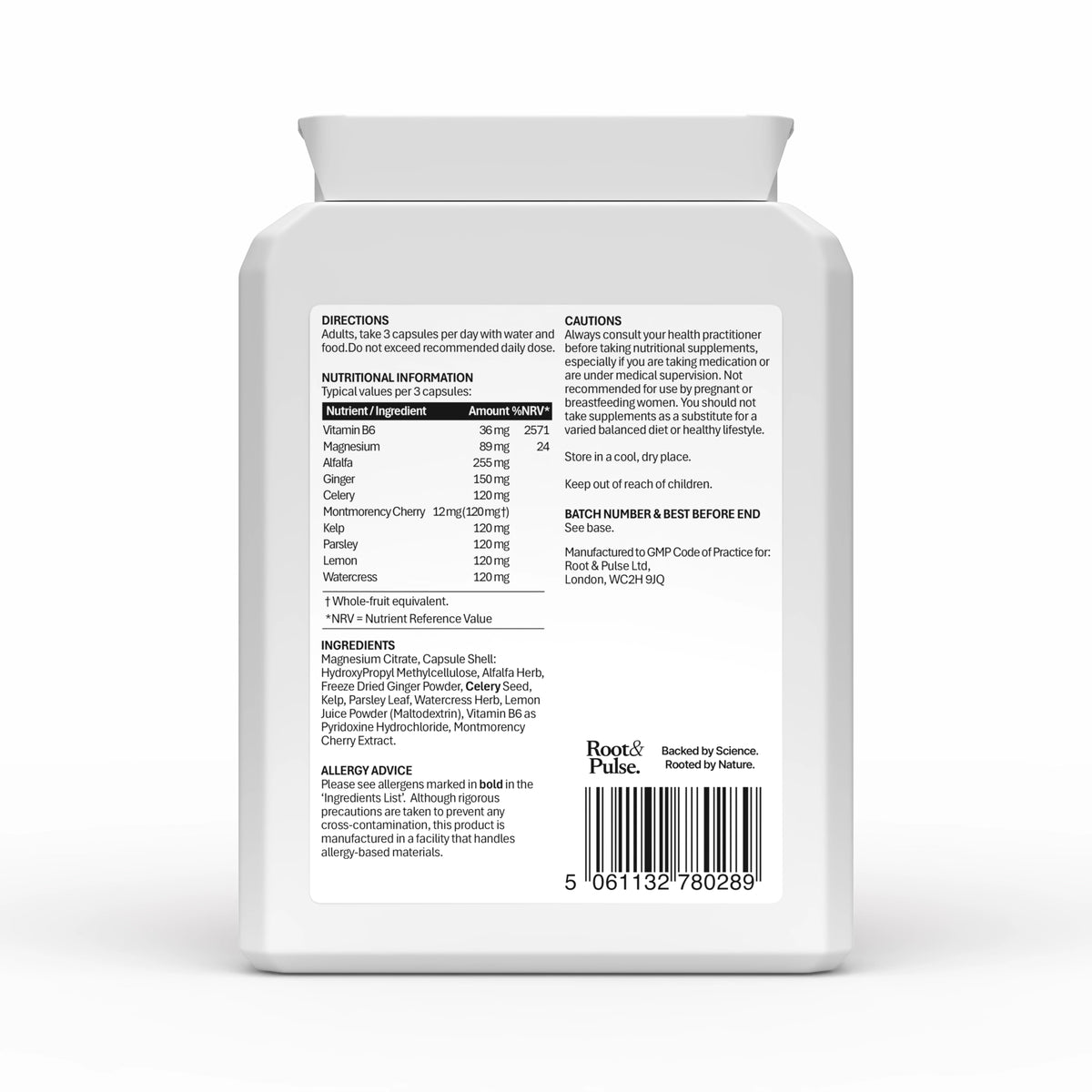 The back of a white Root & Pulse Supplement label on a plastic bottle with a matching white cap, displaying detailed product information, ingredients, and a barcode on a clean white background.