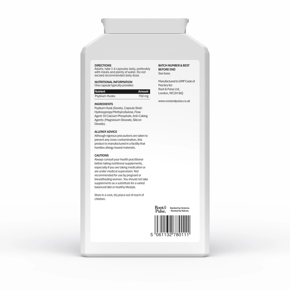 The back of a white plastic bottle o Root and Pulse dietary supplement, showing detailed text including directions, nutritional information, ingredients, and a barcode on a white background.
