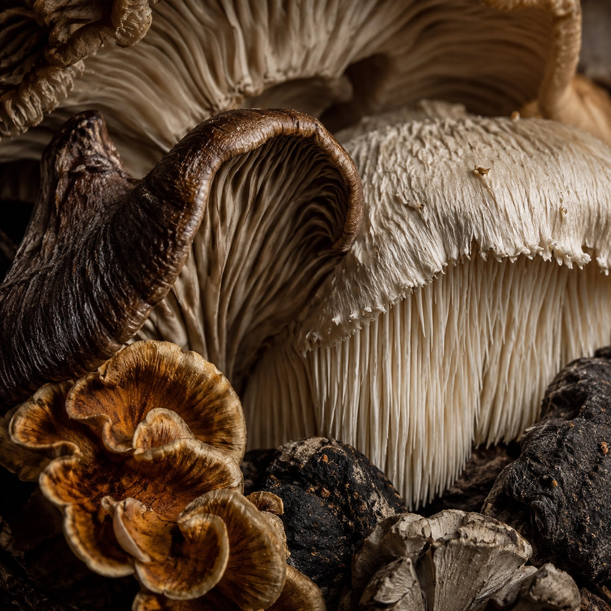 Close-up of assorted mushrooms growing among dark soil and organic debris, with cream-colored gills, brown caps, and textured natural surroundings.
