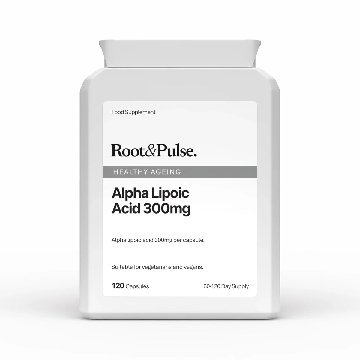 A white plastic bottle of Root & Pulse Alpha Lipoic Acid 300mg dietary supplement, shown on a clean white background with a soft shadow.