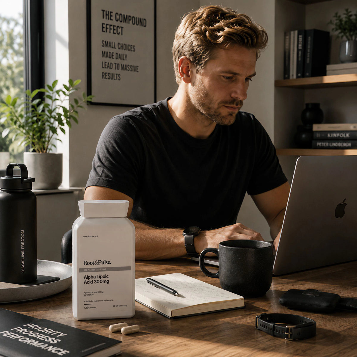 A man sits at a wooden desk working on a laptop, with a bottle of Root & Pulse Alpha-Lipic Acid Supplement and other lifestyle accessories on the table in a modern home office setting.