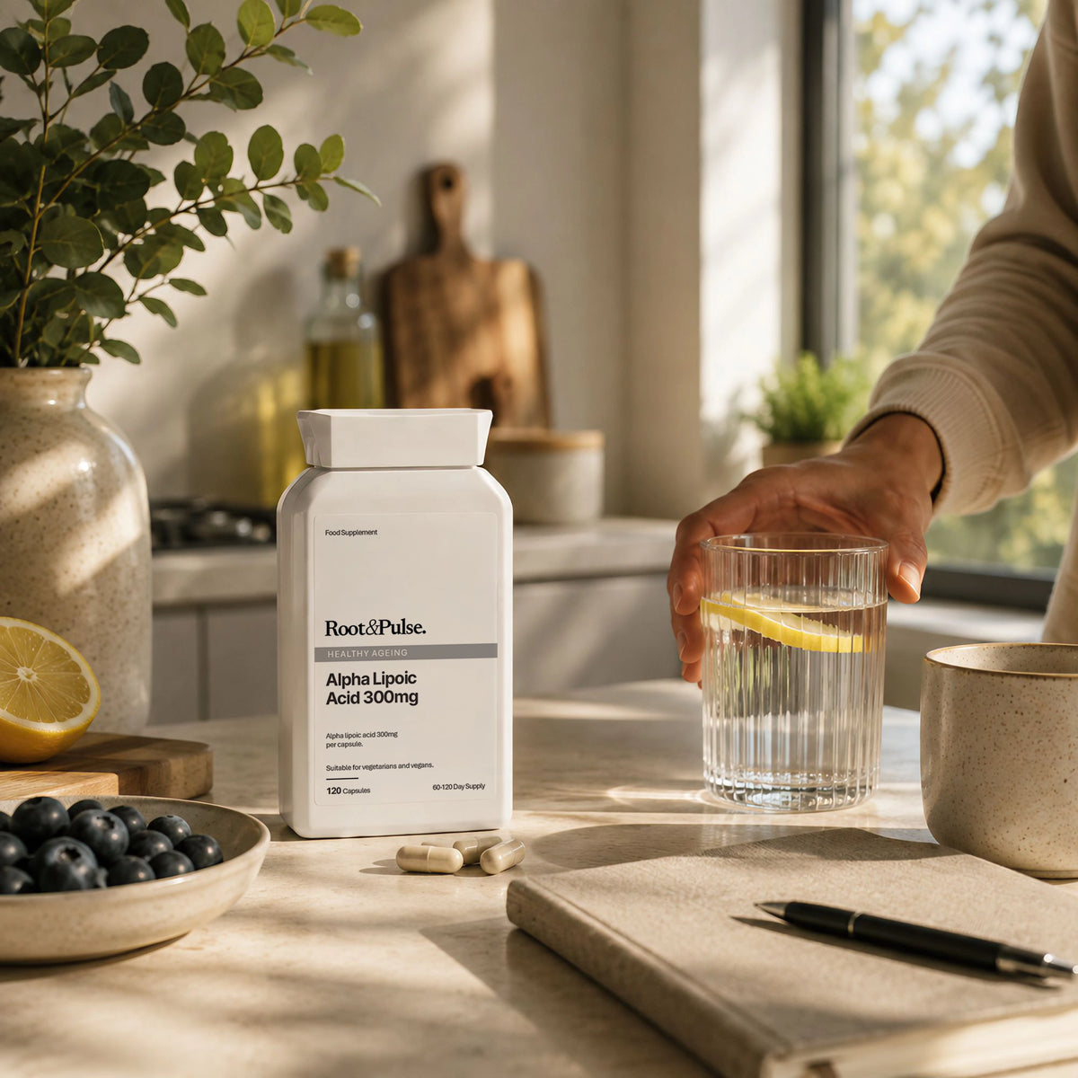 A bottle of Root & Pulse Alpha Lipoic Acid 300mg capsules sits on a kitchen counter next to a hand holding a glass of water with a lemon slice. The scene is styled with fresh blueberries, a notebook, and a pen in warm, natural sunlight.