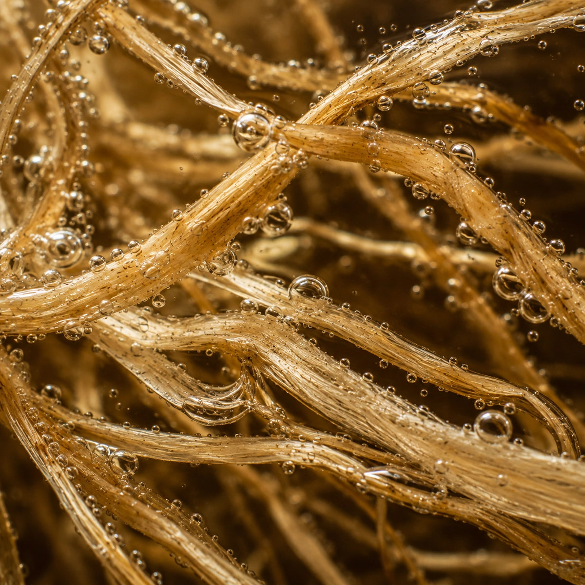 Close-up of golden-brown Ashwagandha hair strands with small clear bubbles clinging to the strands, filling the frame.