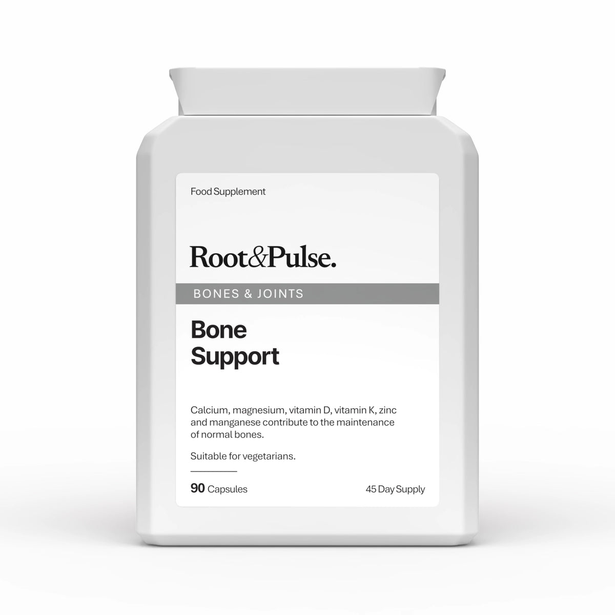 A white plastic bottle of Root & Pulse Bone Support food supplement with a clean white label and gray accents, set against a plain white background.