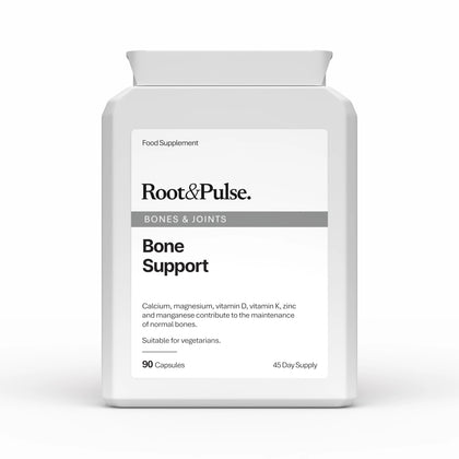 A white plastic bottle of Root & Pulse Bone Support food supplement with a clean white label and gray accents, set against a plain white background.