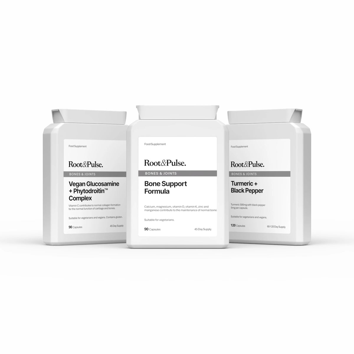 Bone and Joint Bundle supplement bottles from Root & Pulse on a clean white background. The bottles are labeled Vegan Glucosamine + Phytodextrin Complex, Bone Support Formula, and Turmeric + Black Pepper.