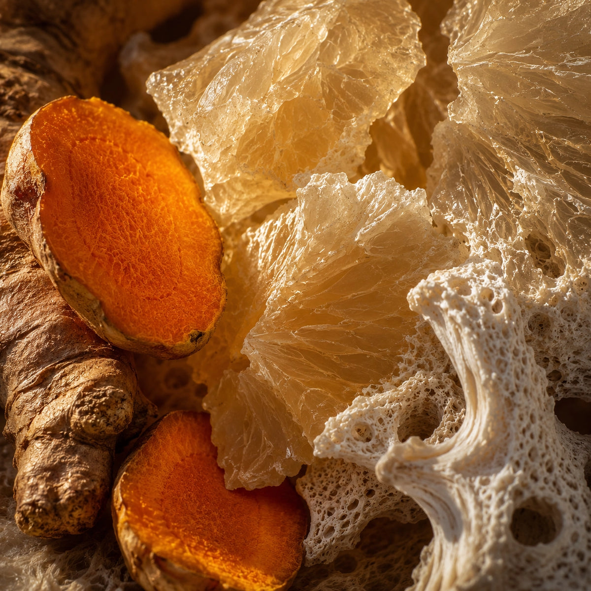 Close-up of turmeric roots with bright orange-yellow sliced interiors and pale, fibrous dried botanical pieces around them.