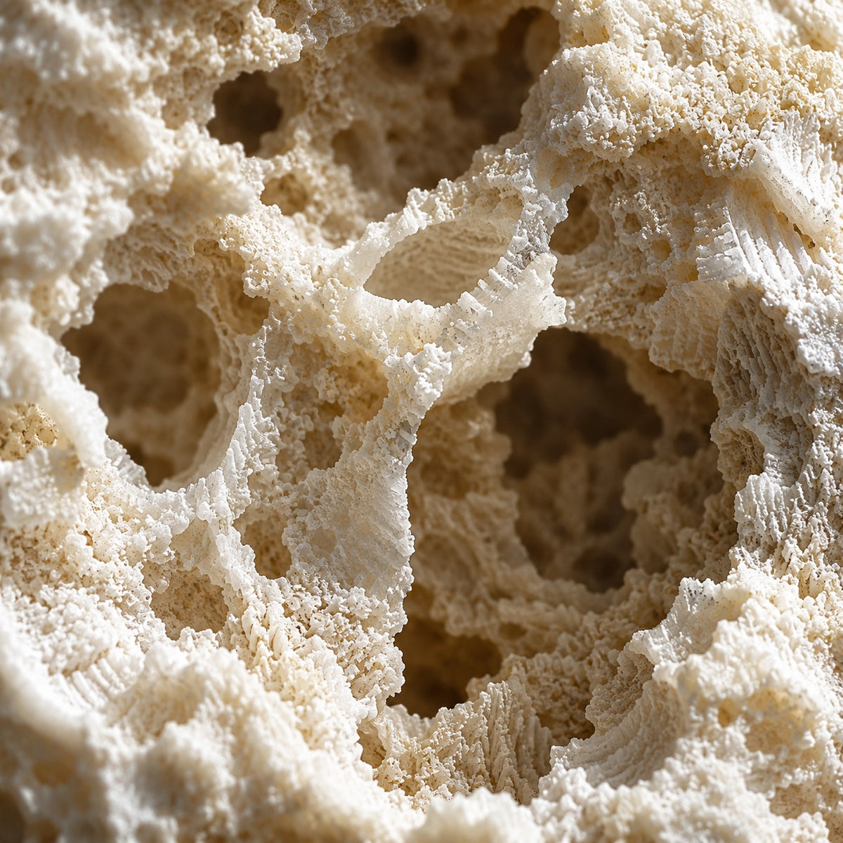 Macro close-up of a porous, sponge-like beige material with irregular holes and textured surface details.