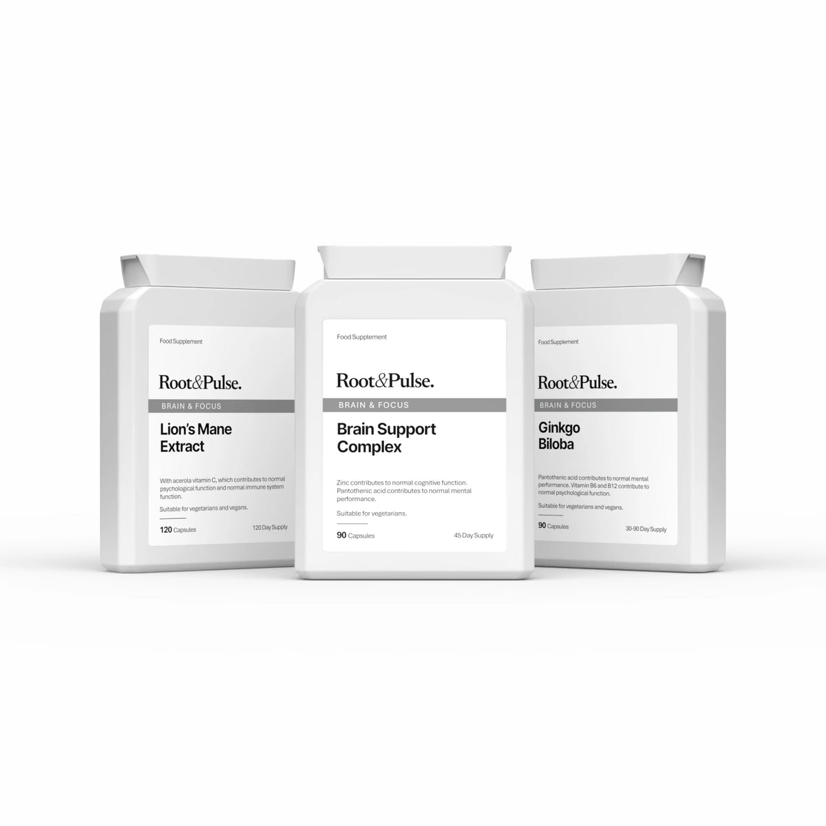 Three white supplement bottles from Root & Pulse on a clean white background. The center bottle is labeled Brain Support Complex, flanked by Lion's Mane Extract on the left and Ginkgo Biloba on the right.